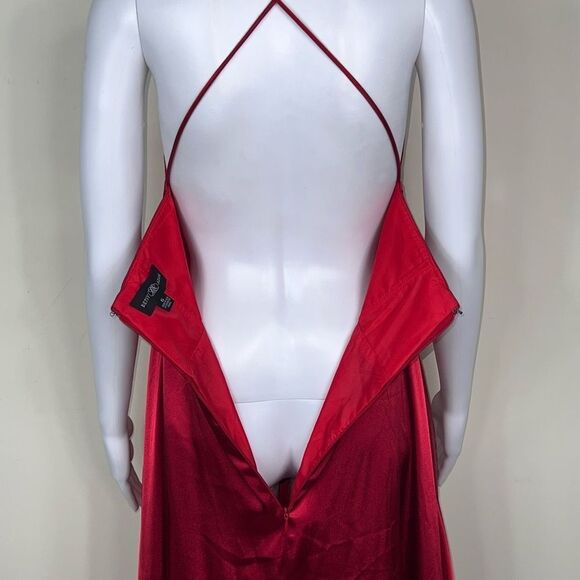 Betsy & Adam Criss Cross Back Spaghetti Strap Satin Gown - Picture 6 of 14